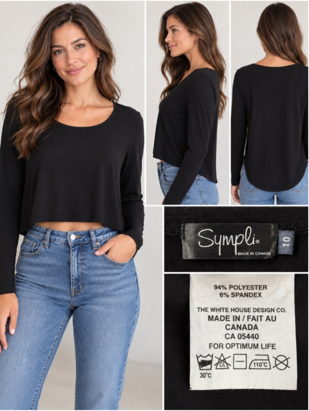 Sympli Black Long-Sleeve Scoop Neck Cropped Top Size 10 Minimalist Lagenlook